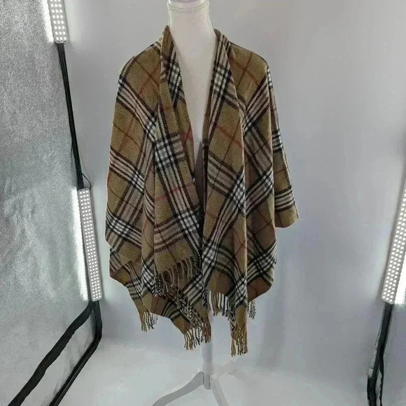 V.Fraas Womens Cape One Size Tan Black Plaid Open Front Wrap Shawl Layer - Picture 1 of 8